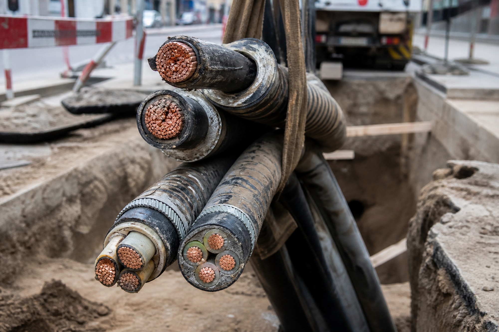 Recovered power cable prepared for stripping and the recycling line